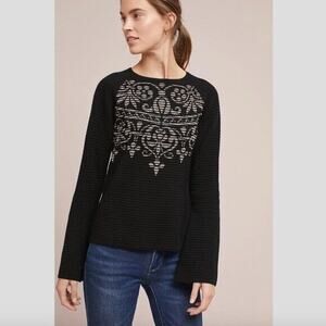 Anthropologie Merino Wool Lucy Jacquard Pullover Seen Worn Kept XS Black